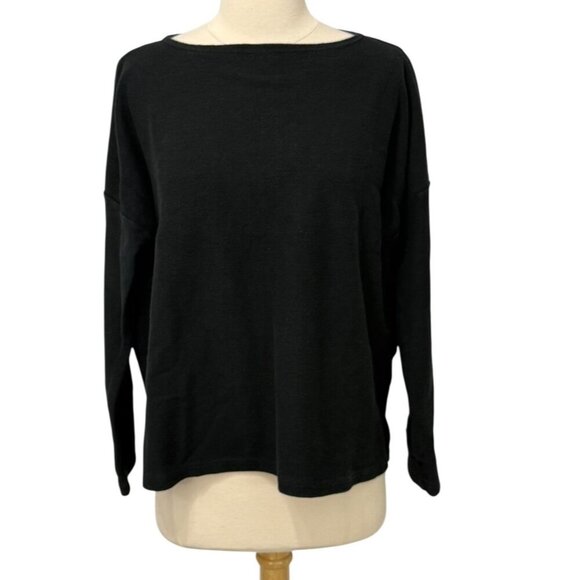 ICHI Antiquites Black Long Sleeve Top Boxy Relaxed Modern Waffle Cotton Linen OS - Picture 11 of 11
